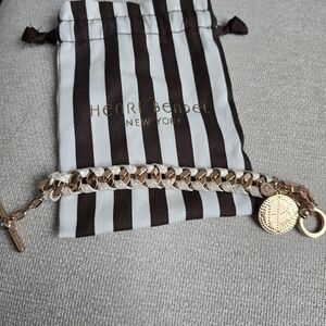 Henri Bendel Rose Gold and Cream Braided Link Bracelet with Logo Charms